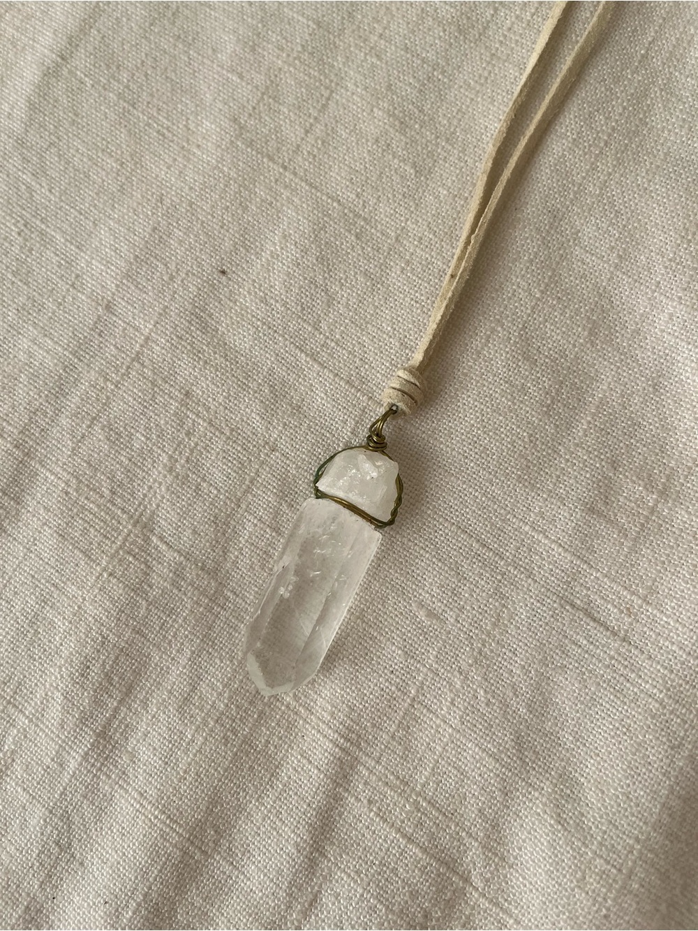 Clear Crystal Point Pendant Necklace in Cream Suede Cord